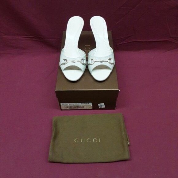 Gucci Guccissima GG Horsebit Open Toe Mules Slides Heels Stilettos 36.5 6.5 - Picture 1 of 11